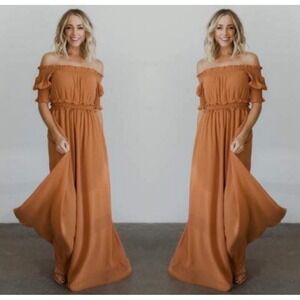 Baltic Born Womens Medium Maxi Dress Smocked Ruffle Off Shoulder‎ Copper